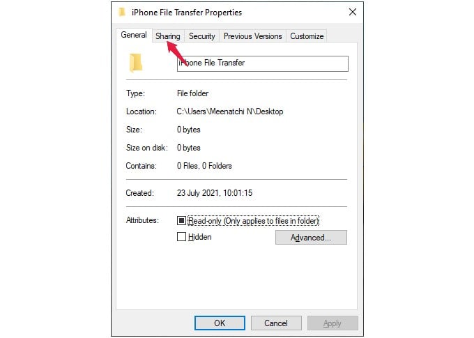 file transfer folder properties windows