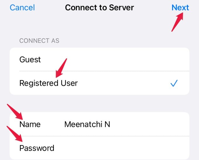 iphone connect to server credentials
