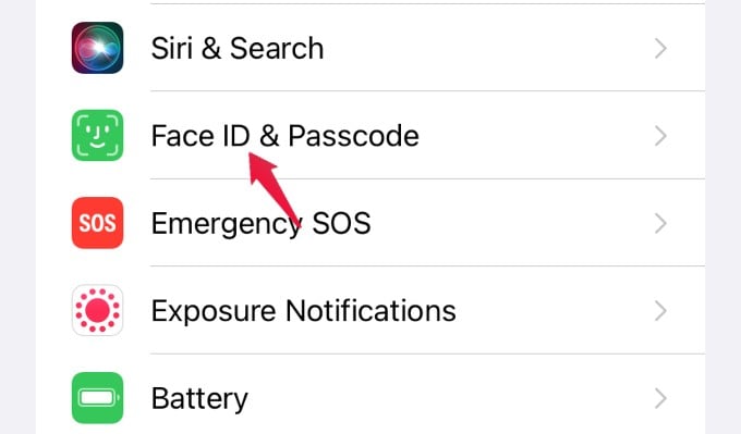 settings menu face id and passcode