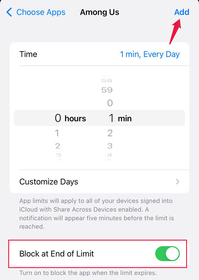 Add iPhone App Limit with Block at the End
