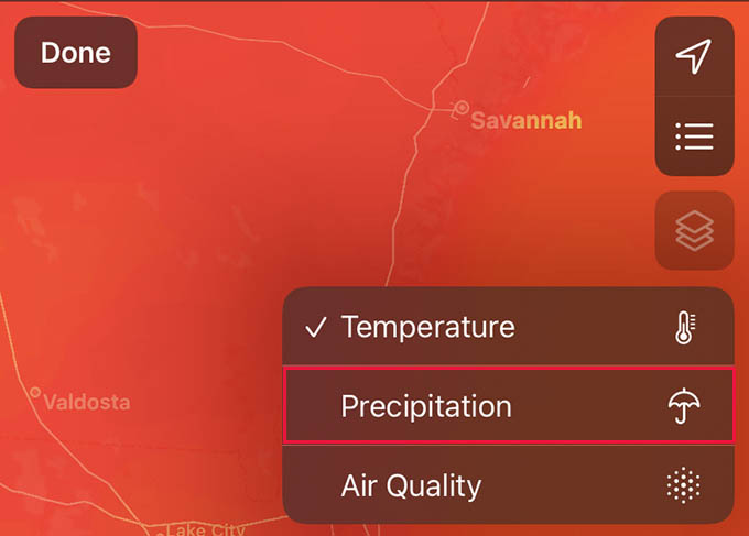 Precipitation in Weather Map on iPhone