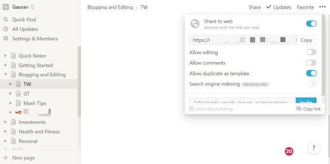 notion share settings for published page