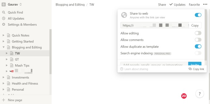 notion share settings for published page