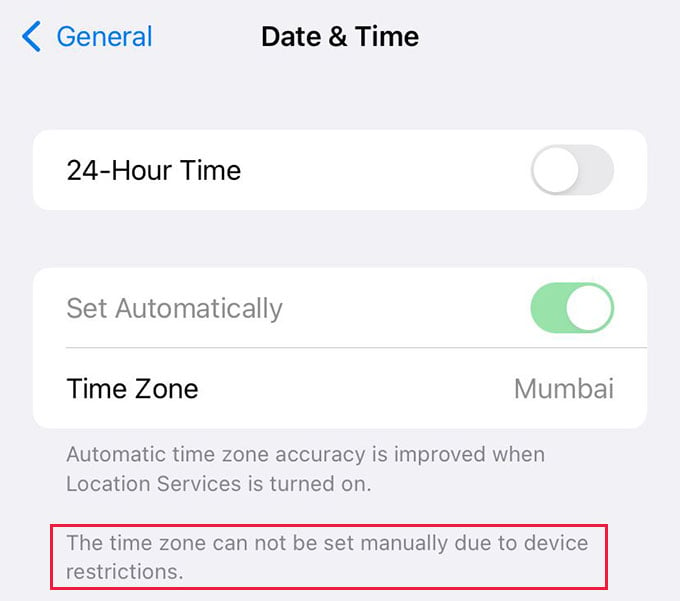 Time Zone Change Restricted on iPhone