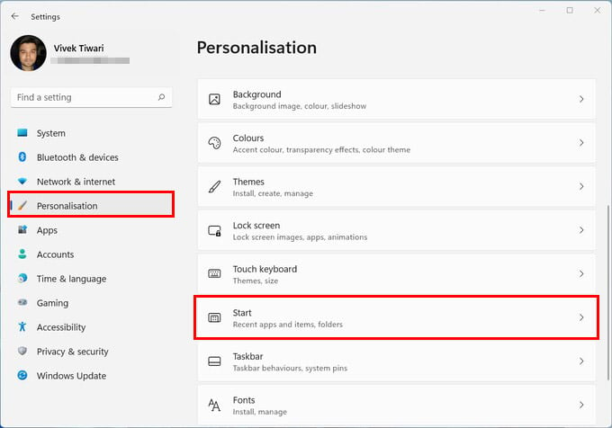 Personalization setings in Windows 11