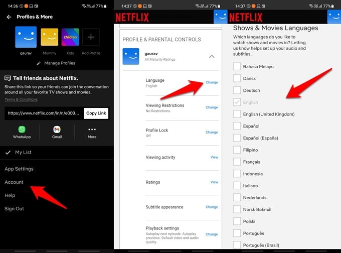 netflix movie and show language settings on mobile apps