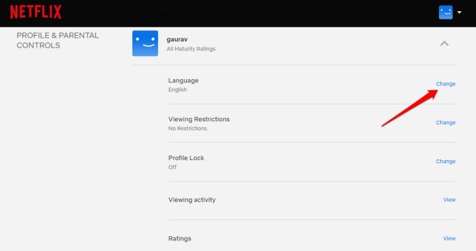 netflix language settings for profile selected
