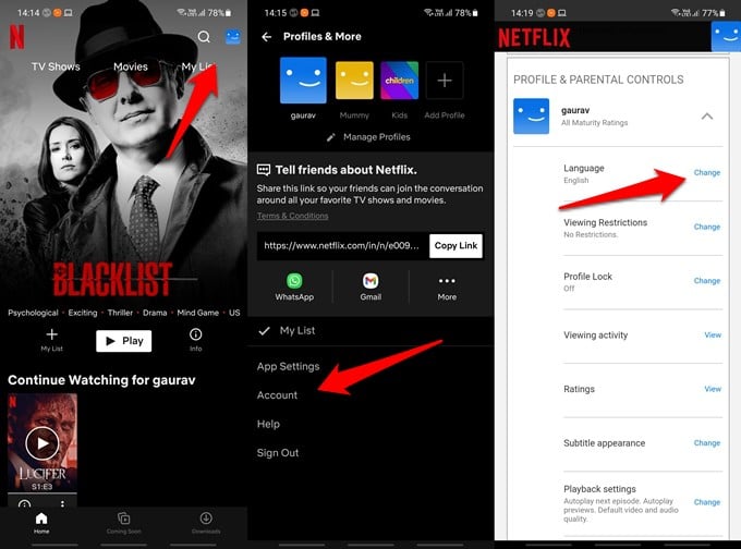 netflix display language settings on android and ios apps