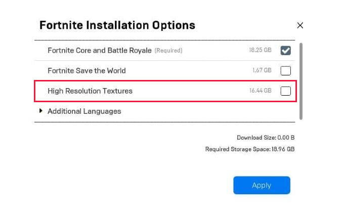 Disable High Resolution Textures in Fortnite PC