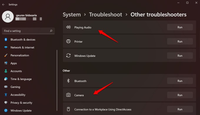 windows troubleshooter for audio, camera, etc.