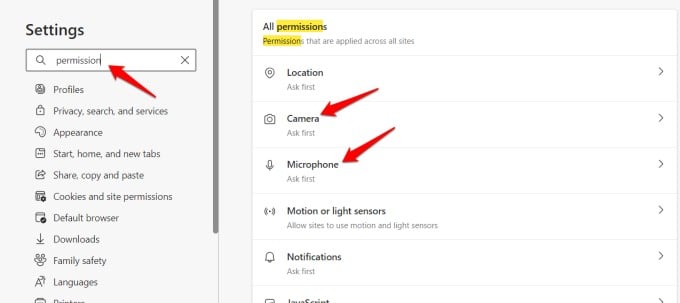 microsoft edge camera and microphone permissions