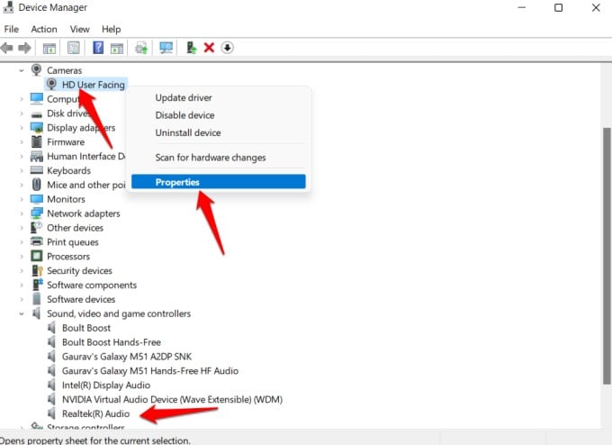 camera and mic properties in windows device manager