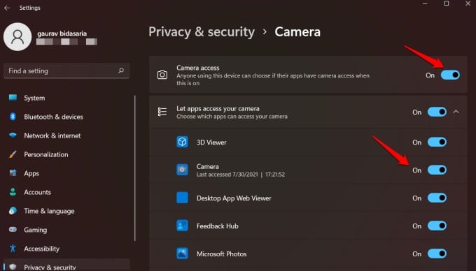 enable camera access and webcam from windows settings