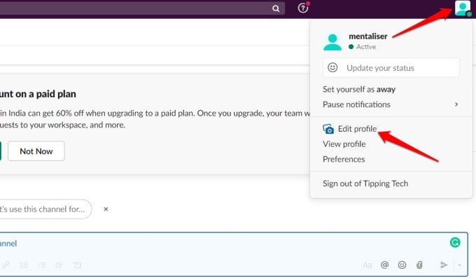 option to edit profile in slack