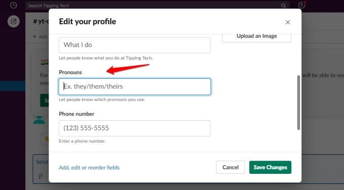 entering slack pronouns in web app