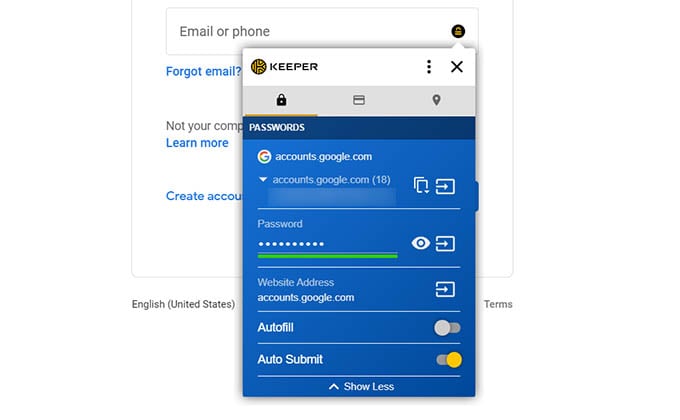 Keeper Autofill in Websites