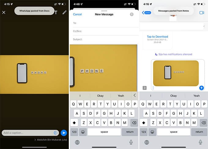 Paste Google Docs Image in WhatsApp Mail and iMessage on iPhone