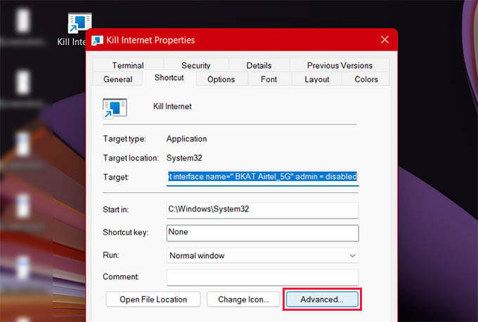 Shortcut Advanced Properties in Windows