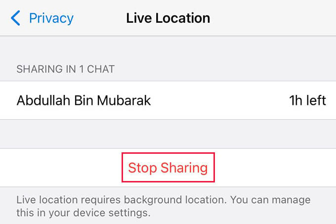 Stop Live Location Sharing in WhatsApp