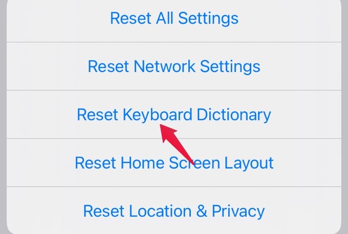 list of reset options iphone