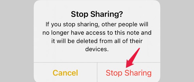 stop sharing note confirmation screen