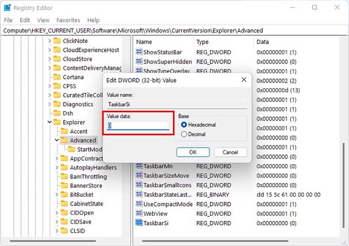 Registry hack to change taskbar size in Windows 11