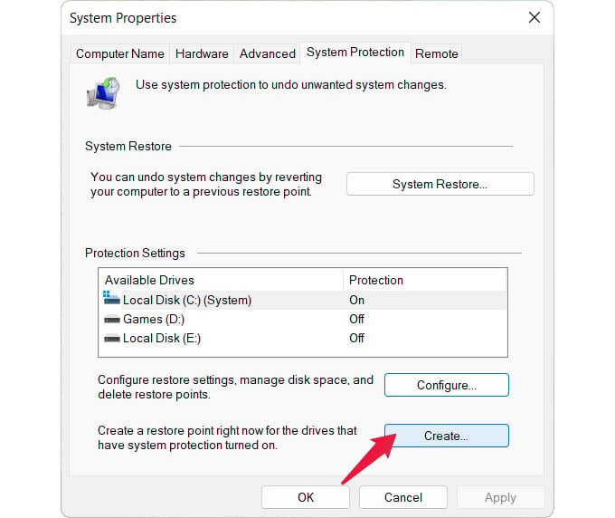 Create Windows 11 System Restore Point