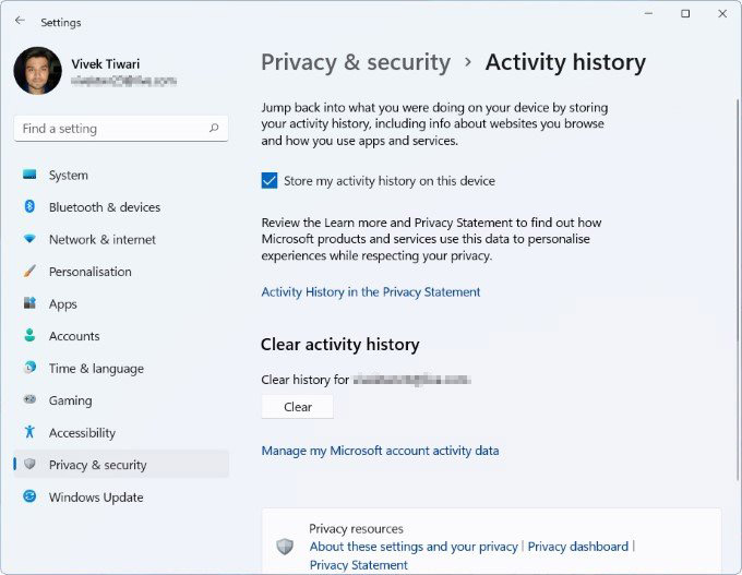 disable Windows 11 activity history