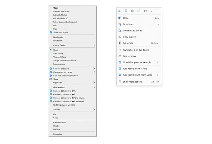 Windows 10 context menu vs Windows 11 context menu