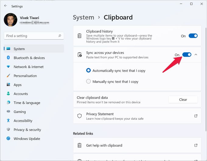 disable clipboard syncing Windows 11
