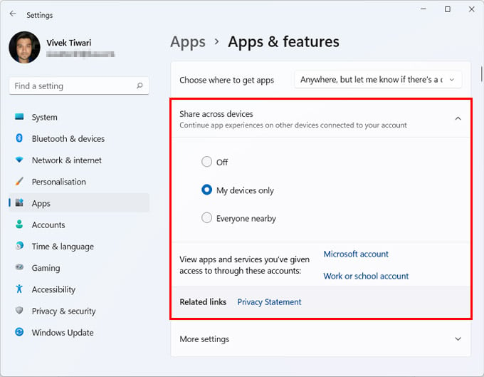 disable Windows 11 shared experiences
