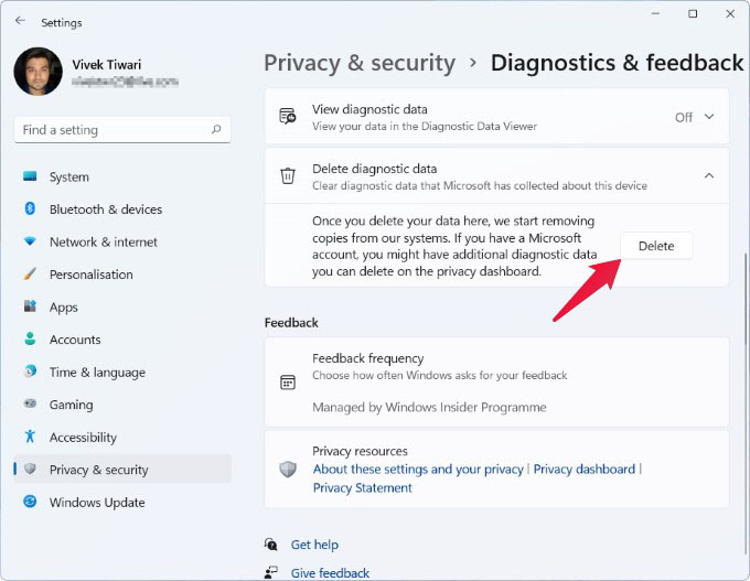 Delete diagnostics data on Windows 11