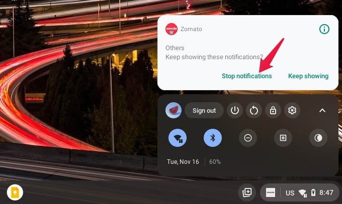 turn off chromebook notifications