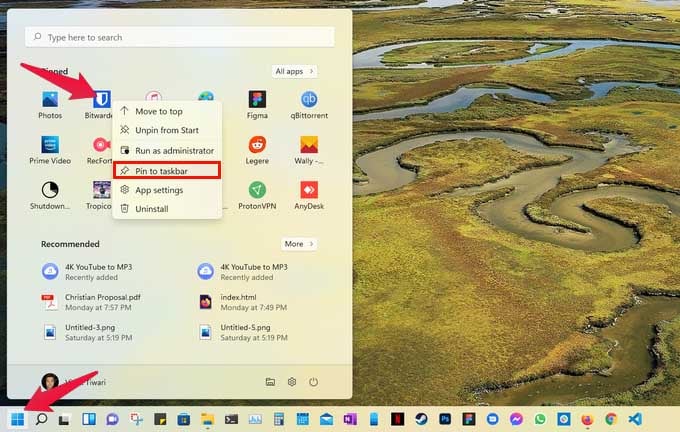 Customize Windows 11 taskbar by pinning app icons