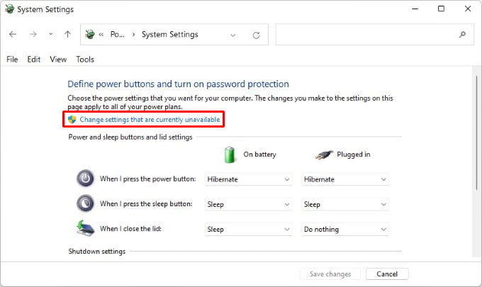 Power options in Windows 11