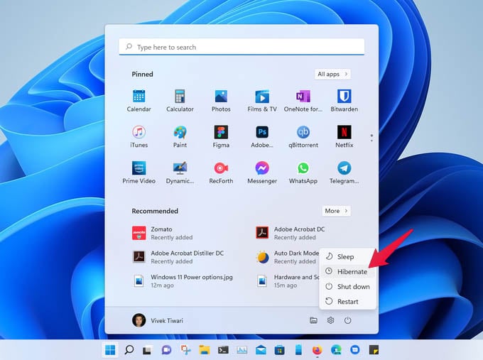 hibernate power option in Windows 11 start menu