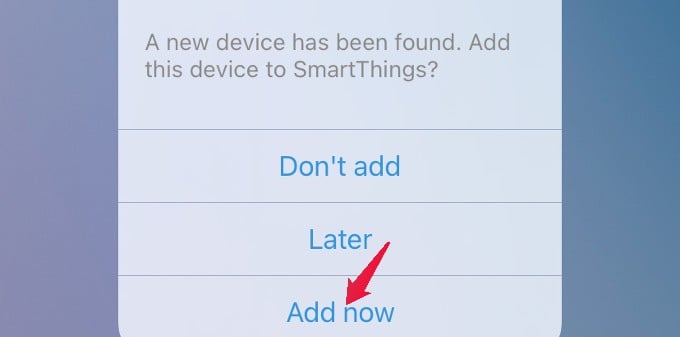 pop up menu device found smartthings app