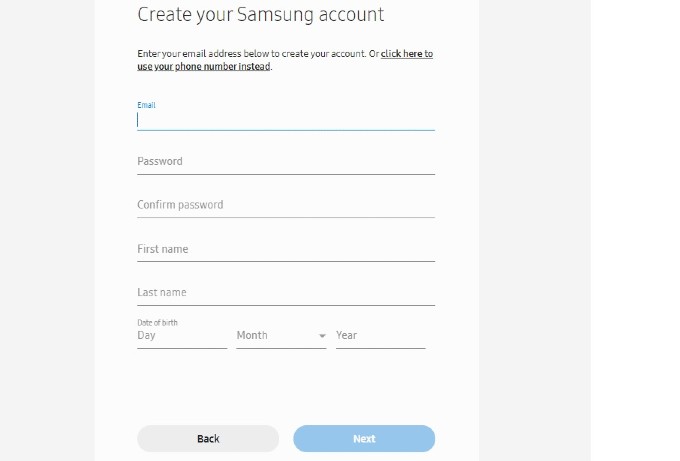 samsung account create