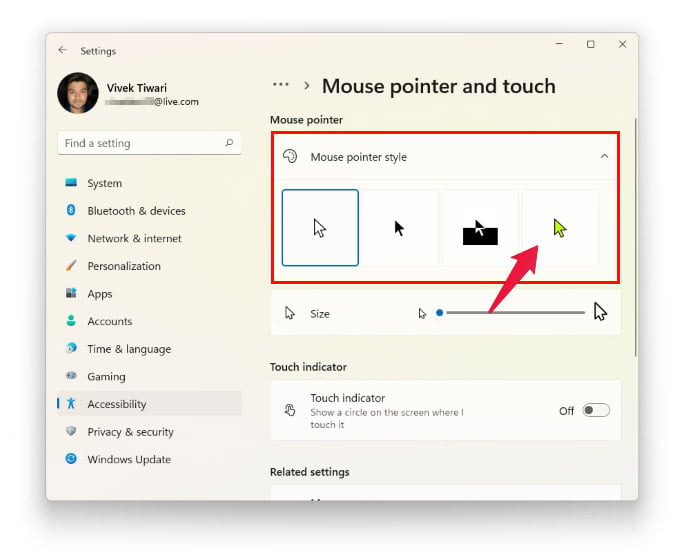 Select custom cursors in Windows 11