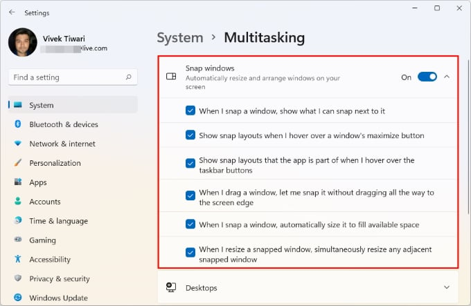 Windows 11 Multitasking: snap layouts