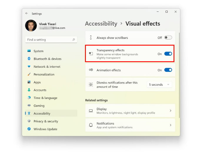 Disable Windows 11 Transparency Effects