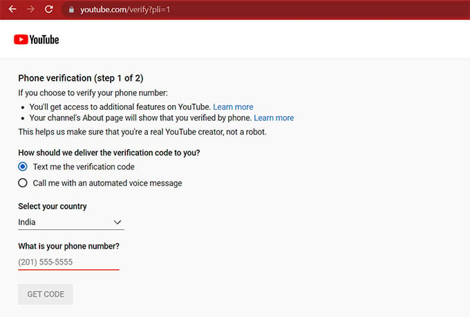 YouTube Channel Phone Verification