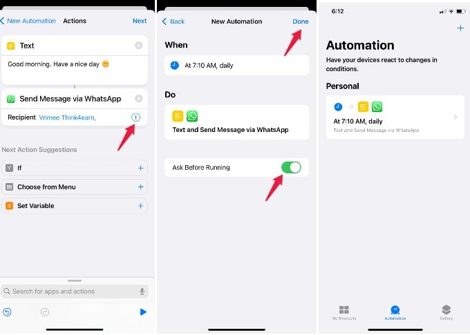 automation schedule whatsapp message iphone