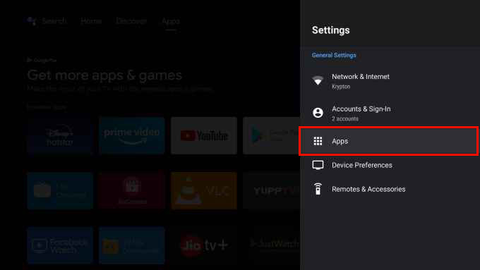 Android TV settings panel