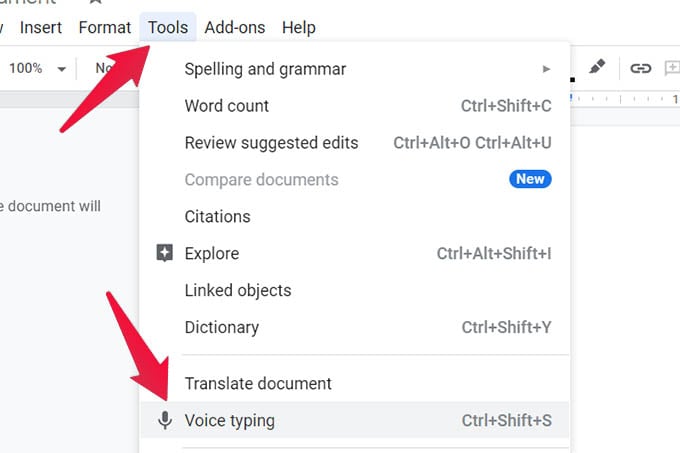 Enable Voice Typing in Google Docs on PC