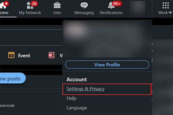 Go to Settings and Privacy in LinkedIn From Web