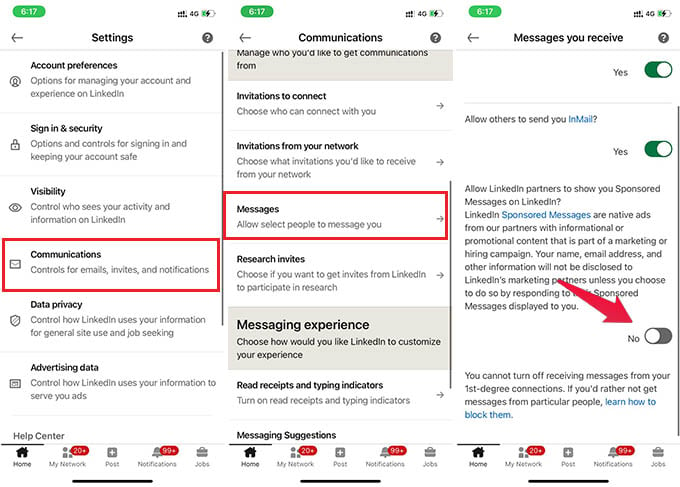 Turn Off Sponsored Messages in LinkedIn from Phone