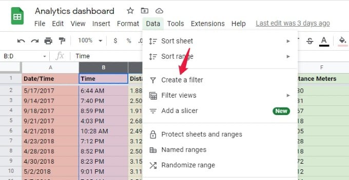 create filter google sheet from Data menu