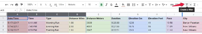 create filter google sheet from toolbar