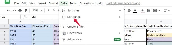 google sheet data menu